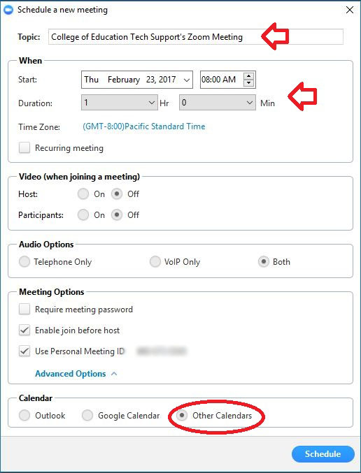 Modify the Topic, Start Time, and Duration.