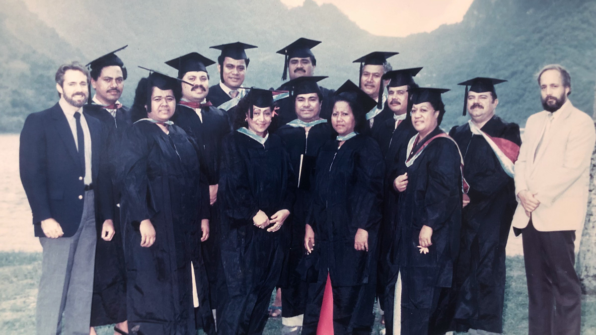 McFarlane (right) with master's students in American Samoa, 1986.