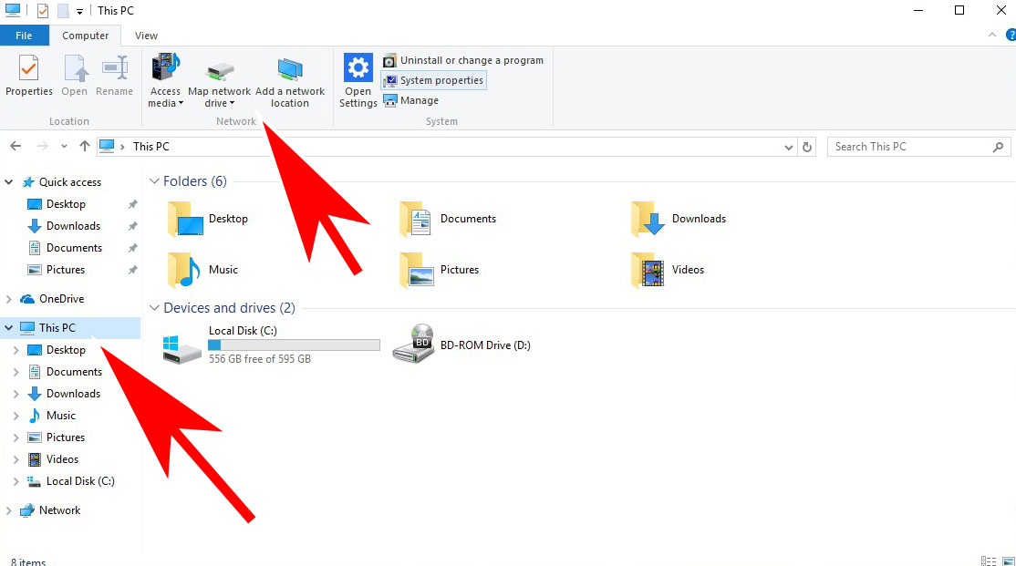 Go to This PC and at the top of the File explorer window select “Map Network Drive” 