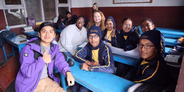 Obed Morales Betanzo (left) with classmates and local students in Nepal.