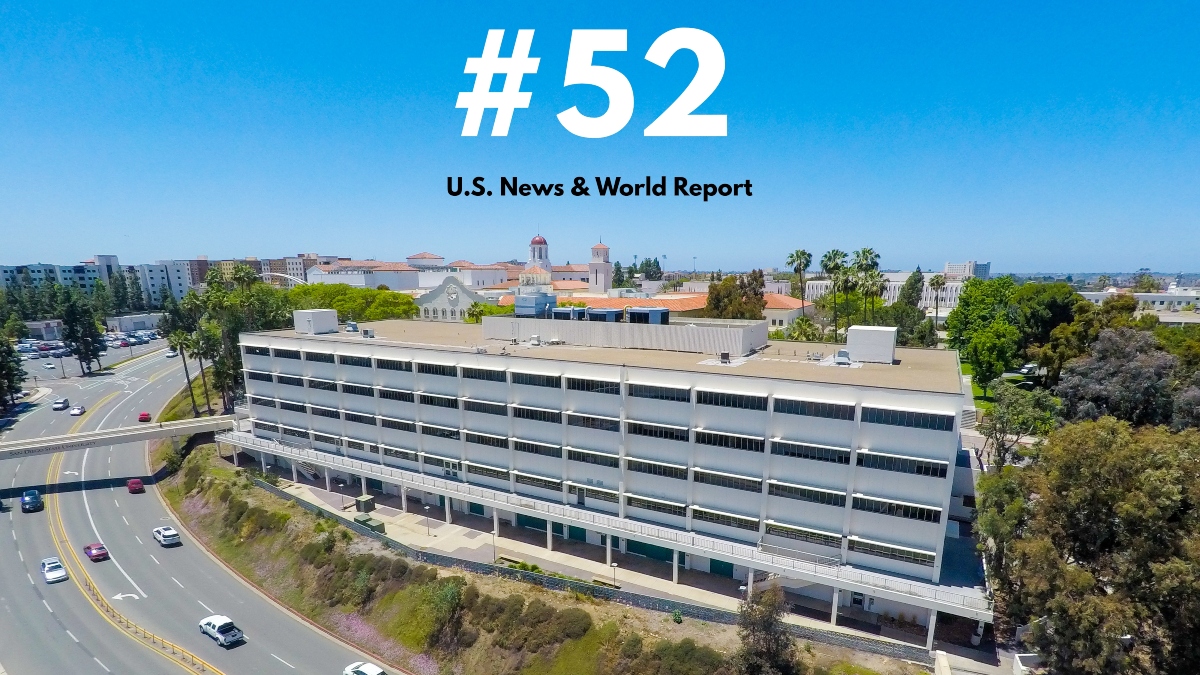Bird's eye view of SDSU with the text "#52 U.S. News & World Report"