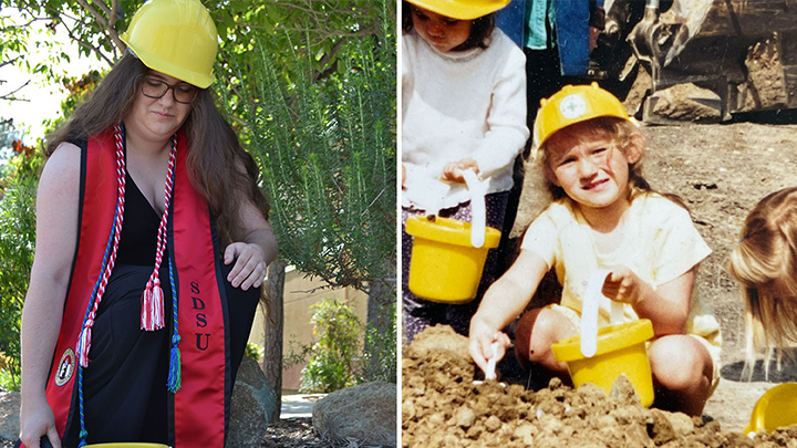 CFD alumna Abby Castro recreates a photo of herself as a child at the SDSU Children's Center.