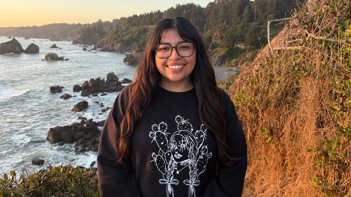 A woman in black stands on a cliff overlooking the ocean.