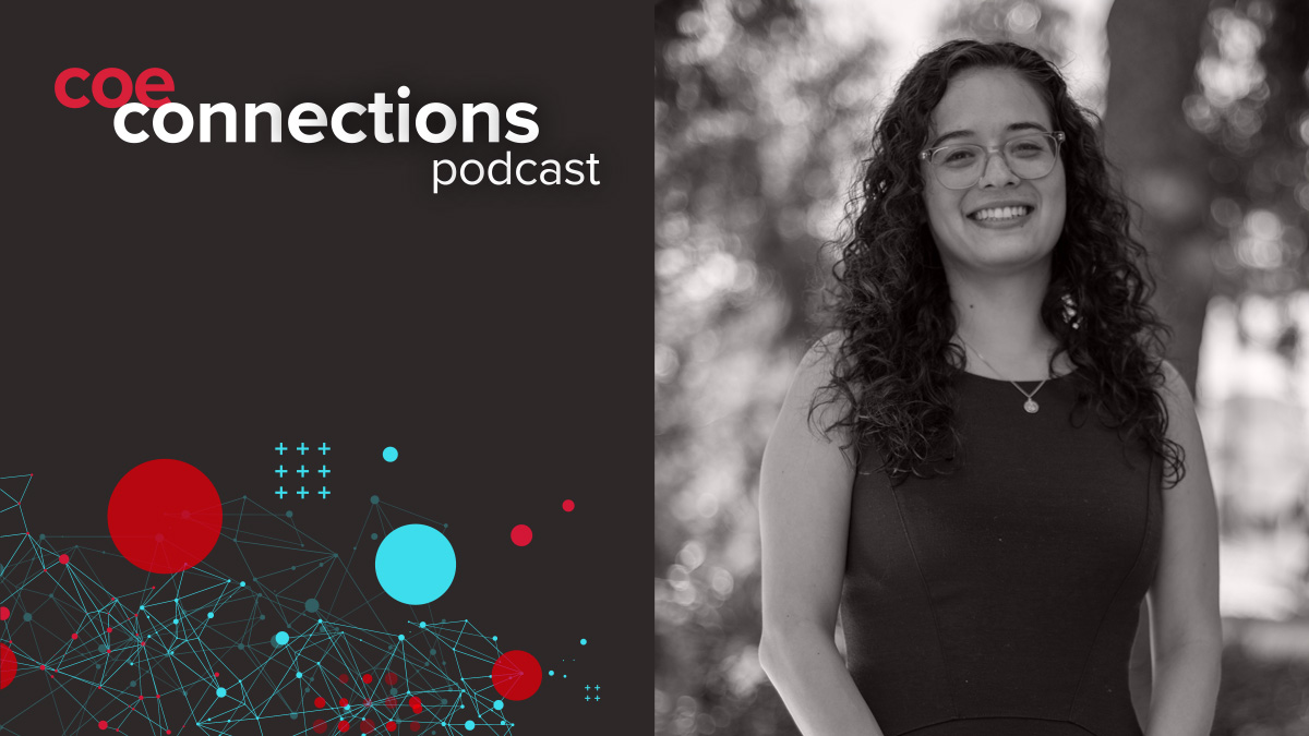 A woman in a black shirt smiles with text that reads "coe connections podcast"