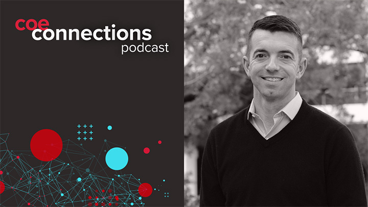 A man in a black sweater smiles next to the text "Coe connections podcast"