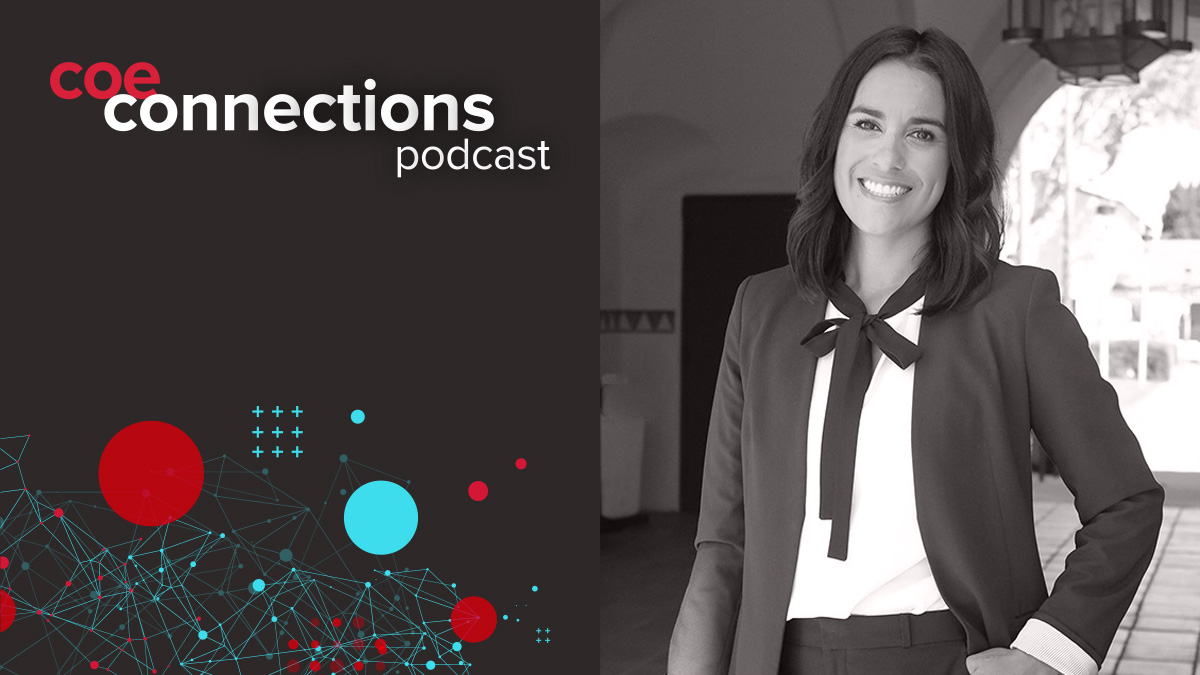 The text "coe connections podcast" appears next to a portrait of a smiling woman in a blazer.