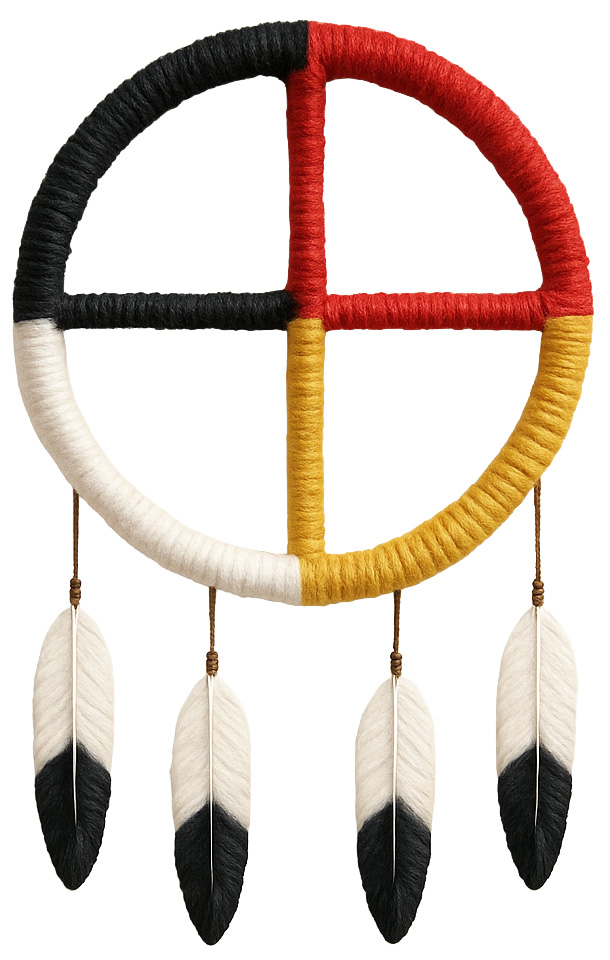 Native American medicine wheel with feathers